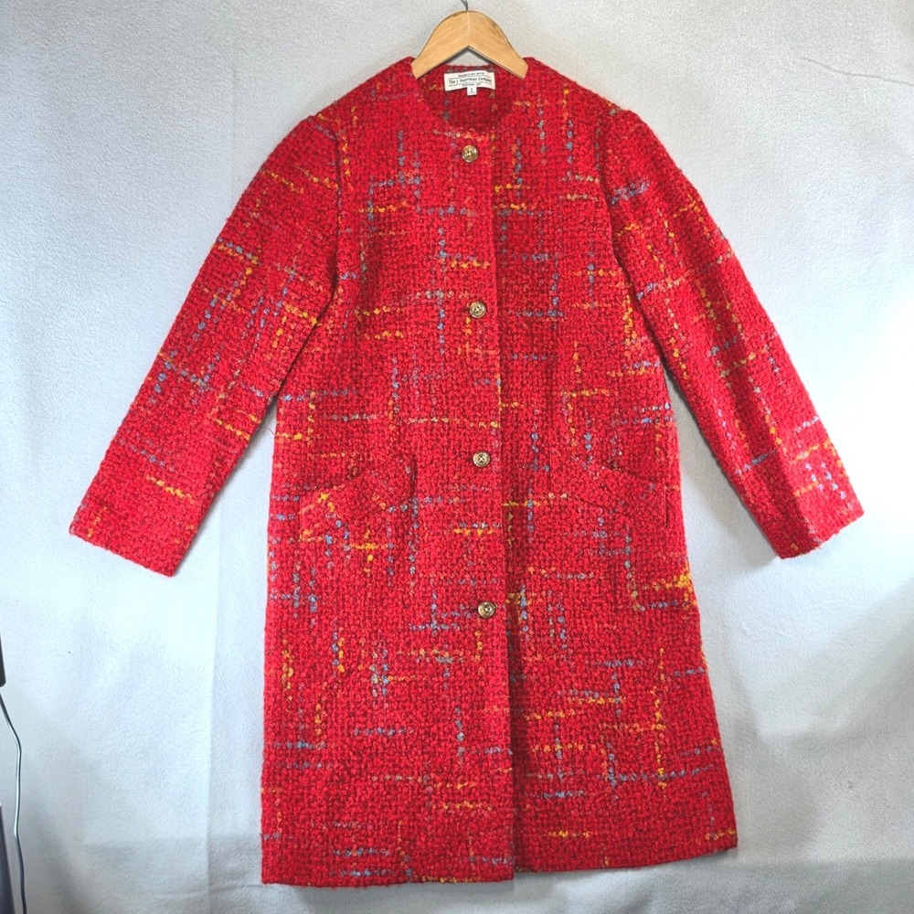 VTG J. Peterman Red Tweed Plaid Car Coat Collarless Overcoat Dark Academia Wool